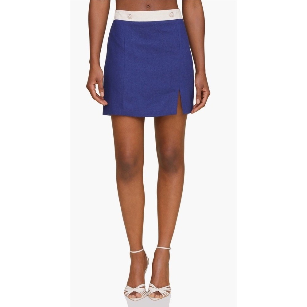 Avec Les Filles Navy Mini Skirt Linen Blend Pearl Button Women's Size L